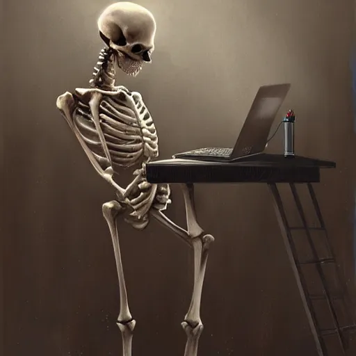 Prompt: A skeleton in a suit working on the computer by greg rutkowski