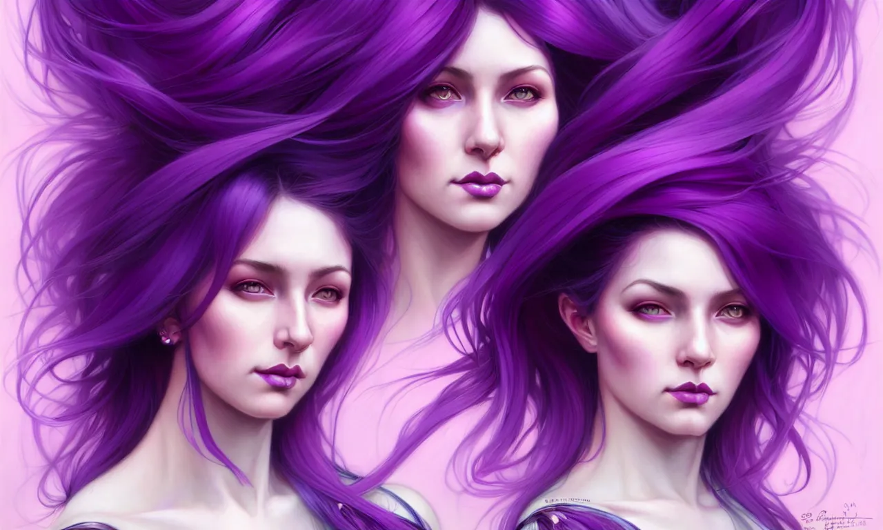 Prompt: Purple hair relistic Portrait of a two woman with bright colored flying hair, all shades of purple. Beauty face, Hair coloring, fantasy, intricate, elegant, highly detailed, digital painting, artstation, concept art, smooth, sharp focus, illustration, art by artgerm and greg rutkowski and alphonse mucha