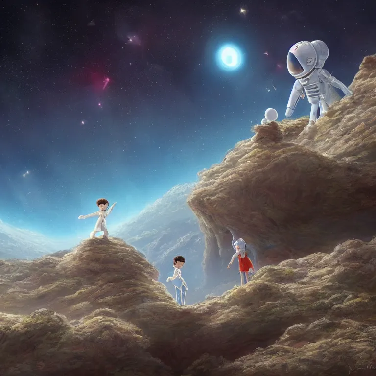 Prompt: a beautiful painting about of the story follows a single young prince who visits various planets in space, including earth, and addresses themes of loneliness, friendship, love, and loss, 8 k resolution, hdr, highly detailed