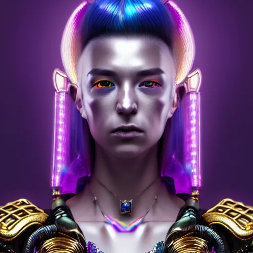 Image similar to hyperdetailed portrait of a stunningly beautiful cyberpunk british girl androgynous wizard guard made of iridescent metals and shiny purple gems, bright rainbow nimbus, silver necklace, gold background inspired by ross tran and masamune shirow and kuvshinov, concept art, intricate, photorealistic, octane render, rtx, hdr, unreal engine, dnd digital art by artgerm