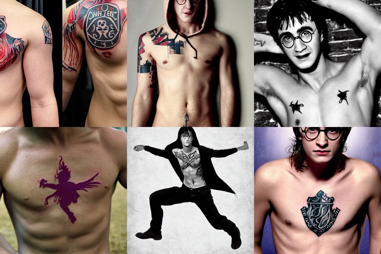 Prompt: Harry Potter shirtless with tattoo's gangster hood