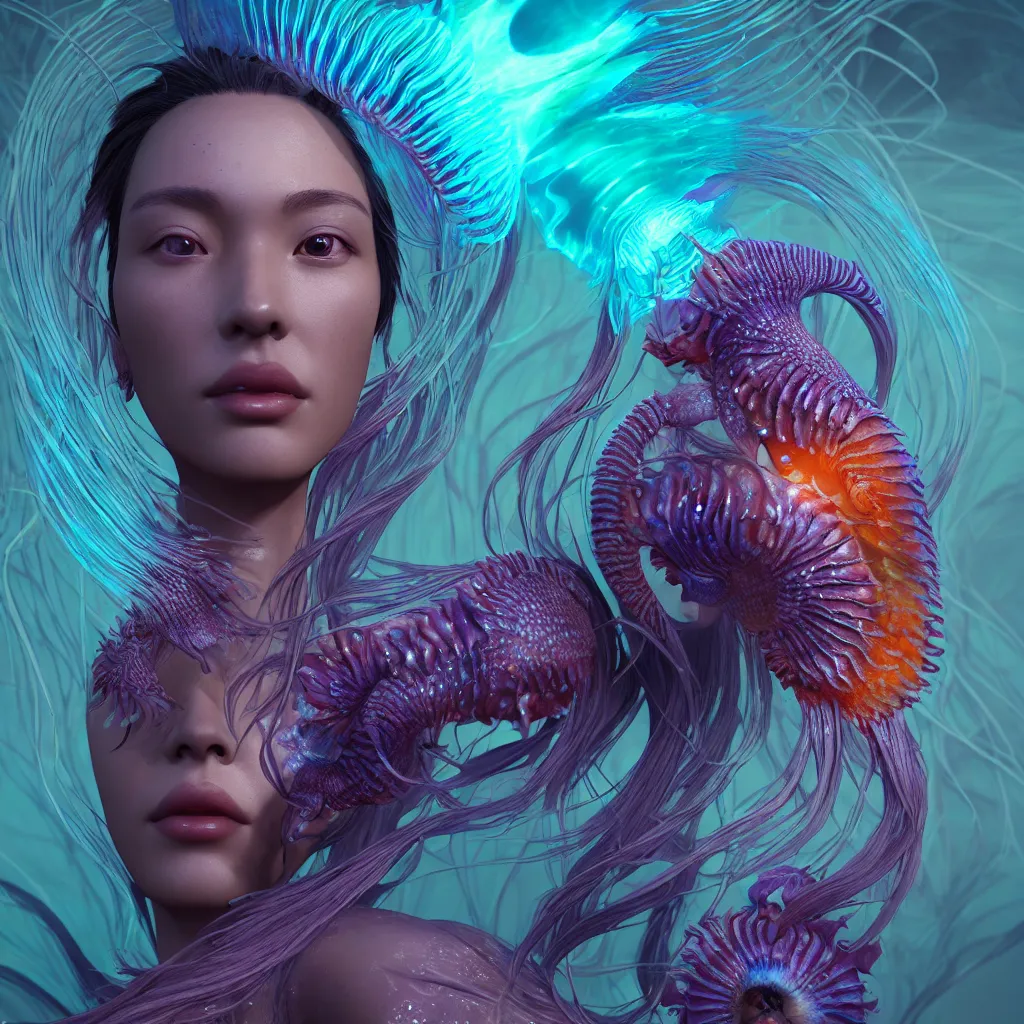 Image similar to goddess close-up portrait. orchid jellyfish phoenix head, nautilus, skull, betta fish, bioluminiscent creatures, intricate artwork by Tooth Wu and wlop and beeple. octane render, trending on artstation, greg rutkowski very coherent symmetrical artwork. cinematic, hyper realism, high detail, octane render, 8k