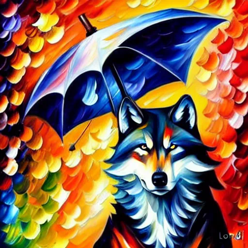 Prompt: wolf under umbrella by leonid afremov