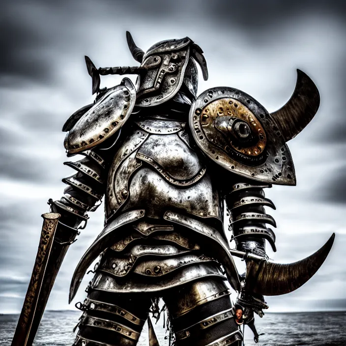 Image similar to photo of a warrior with metal whale themed armour, highly detailed, 4 k, hdr, smooth, sharp focus, high resolution, award - winning photo