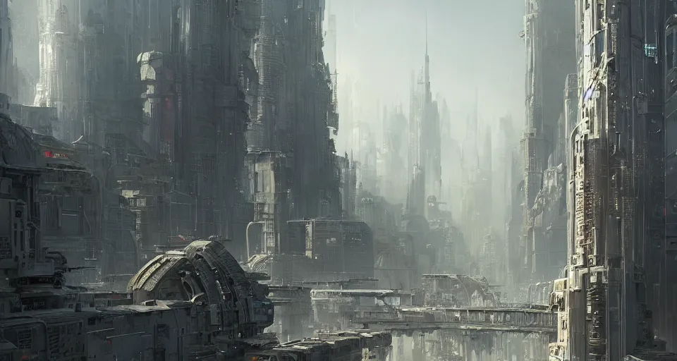 Image similar to hyper realistic sci - fi matte concept art painting of city made from giant stacks of disks, beautiful details, strong composition painted by kim jung guweta studio rutkowski, james gurney and greg rutkowski, and lucasfilm, smooth, intricate, detailed, sharp focus, cinematic