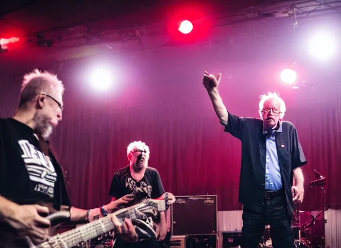 Image similar to publicity photo still of bernie sanders in a punk band playing live on stage, 8 k, live concert lighting, mid shot