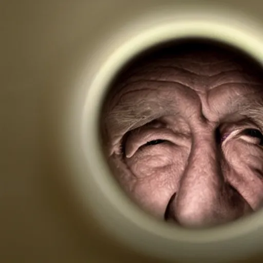 Image similar to a smiling old man seen through a peephole