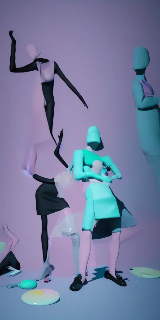 Image similar to 3d matte render, mannequins, dj rave party, Hsiao-Ron Cheng, pastel colors, hyper-realism, pastel, polkadots, minimal, simplistic, amazing composition, vaporwave, wow, Gertrude Abercrombie, Beeple, minimalistic graffiti masterpiece, minimalism, 3d abstract render overlayed, black background, psychedelic therapy, trending on ArtStation, ink splatters, pen lines, incredible detail, creative, positive energy, happy, unique, negative space, pure imagination painted by artgerm