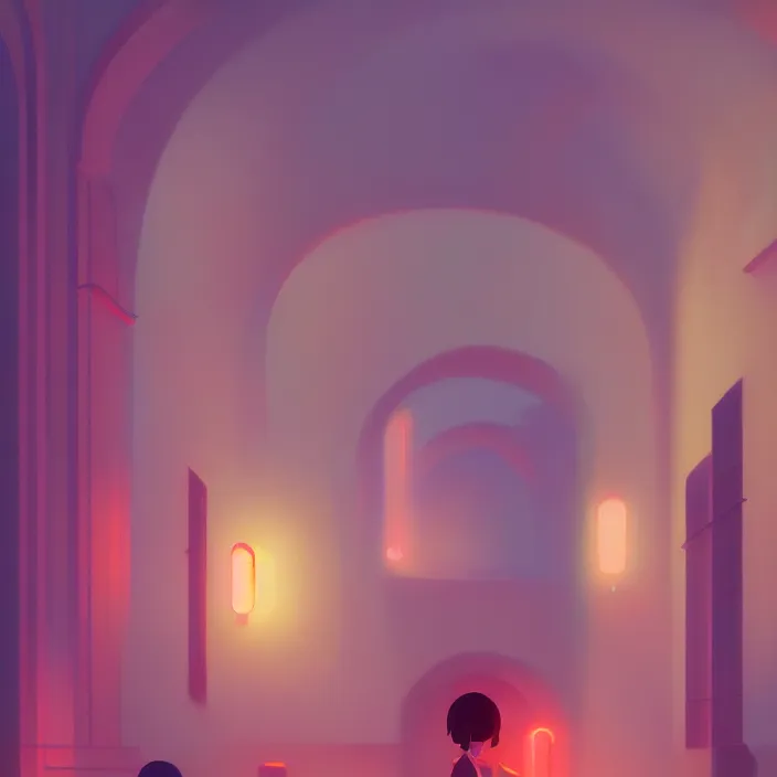 Prompt: subsurface scattering, beautiful interior of a stunning art museum, vibrant colors, atey ghailan, delphin enjolras, goro fujita, makoto shinkai, rim light, exquisite lighting, octane render, very coherent, trending on artstation