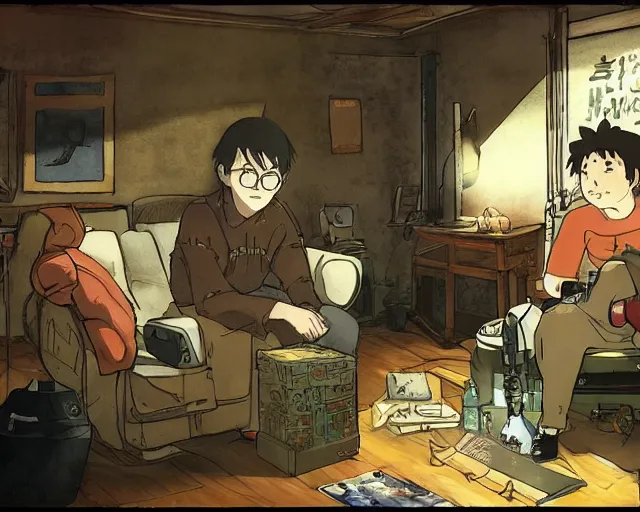 Prompt: beautiful art by studio ghibli of my friend mark kidd playing fallout new vegas on the xbox 3 6 0 in his dark living room. he is illuminated by the glow of the tv. cinematic composition, anime.