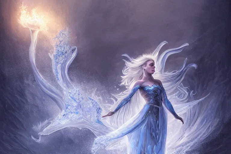 Image similar to Majestic beautiful young female ice goddess!! running from being corrupted by fire, intricate, epic, elegant, menacing, fantasy, highly detailed, digital painting, hard focus, beautiful volumetric lighting, epic light, ultra detailed, souls, smoke, icicle, frozen by Leesha Hannigan, Ross Tran, Thierry Doizon, Kai Carpenter, Ignacio Fernández Ríos