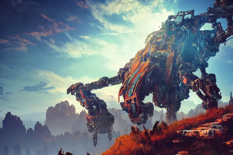 Image similar to rockbreaker machine mecanical creature robot of horizon forbidden west horizon zero dawn radiating a glowing aura global illumination ray tracing hdr fanart arstation by ian pesty and alena aenami artworks in 4 k