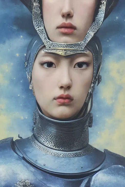 Image similar to hyperrealism oil painting, close-up portrait of medieval fashion model, knight, steel gradient mixed with nebula sky, in style of baroque mixed with 70s japan book art