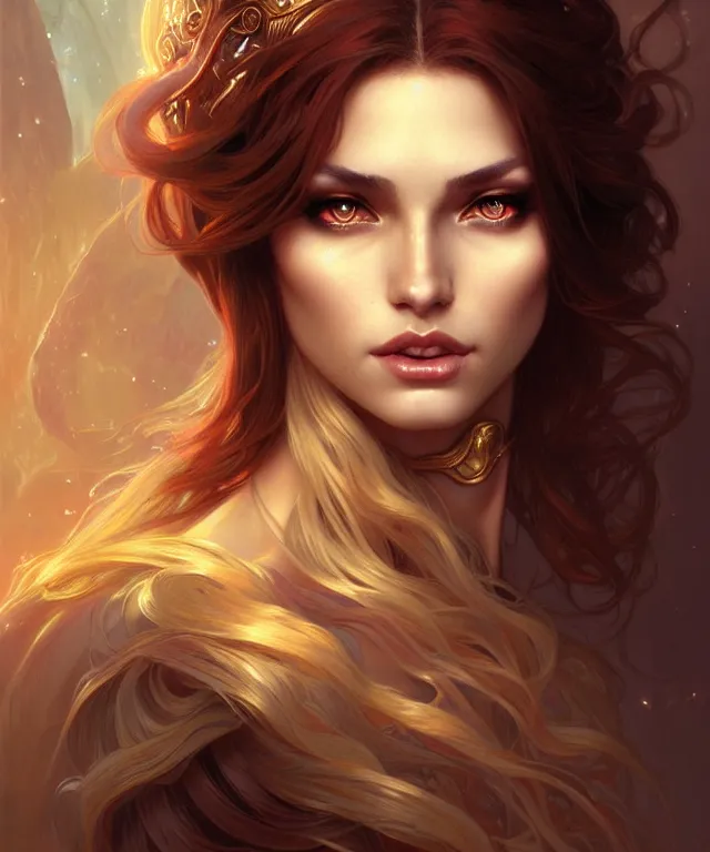 Image similar to fantasy magic woman portrait, sci-fi, amber eyes, face, long hair, fantasy, intricate, elegant, highly detailed, digital painting, artstation, concept art, smooth, sharp focus, illustration, art by artgerm and greg rutkowski and alphonse mucha