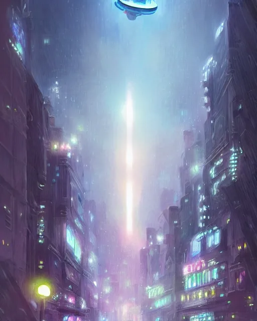 Prompt: concept art of a lareg alien futurstic ufo flying over a city, lights, rain | | cute - fine - fine details by stanley artgerm lau, wlop, rossdraws, and sakimichan, trending on artstation, brush strokes