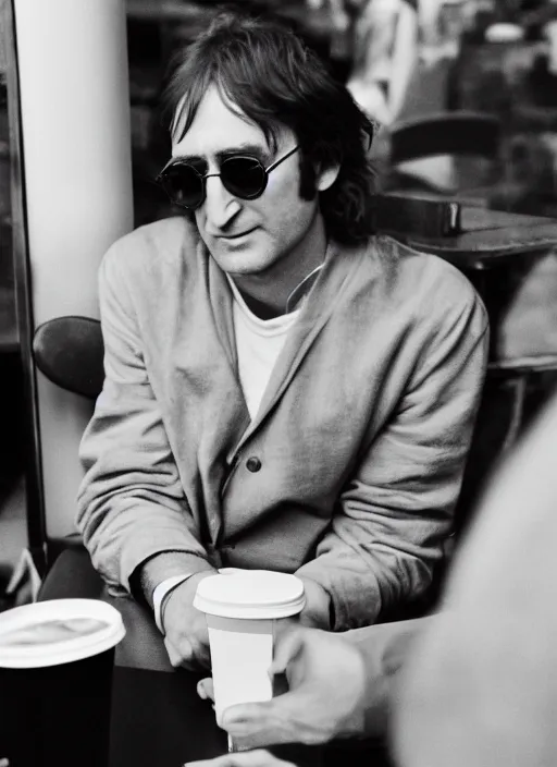 Image similar to john lennon sitting inside a starbucks using his iphone 1 2, black and white photo, real, photorealistic