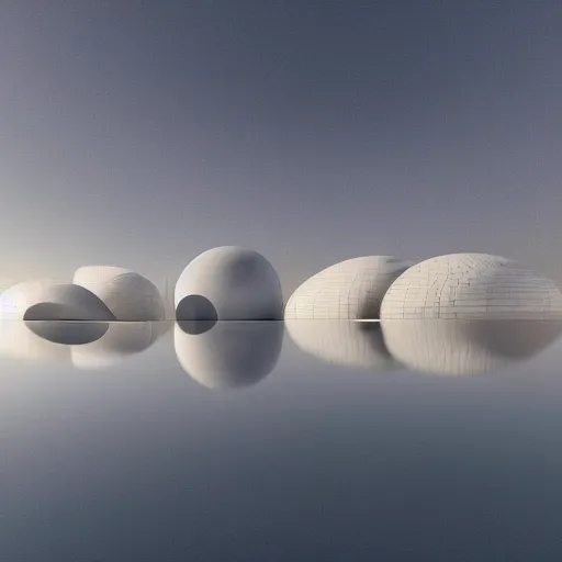 Prompt: many white round spherical buildings are combined to form a building, it depends on each other to form a modern science fiction building ， by pierre bernard, on the calm lake, people's perspective, future, interior wood, marble, award winning, highly detailed 4 k art, dusk, unreal engine highly rendered, global illumination, radial light, internal environment