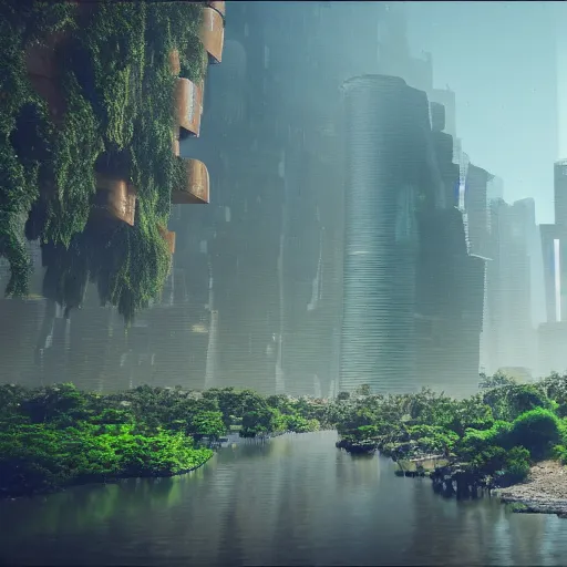Prompt: scifi utopian futuristic rainforest river city in the negev desert. Cinematic. Beautiful. Epic framing. 8k