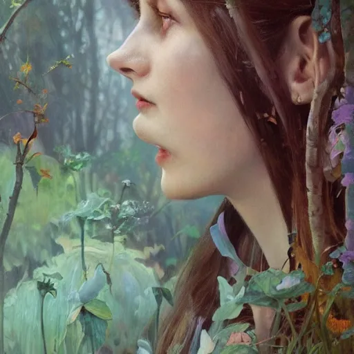 Image similar to close up portrait of alice in wonderland, magical forest, dramatic lighting, high detail, painted, by greg rutkowski, painted by stanley artgerm, painted by alphonse mucha, trending on artstation