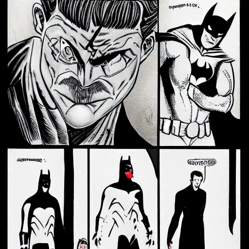 Prompt: batman discussing problems with philosophers, drawn by Junji Ito