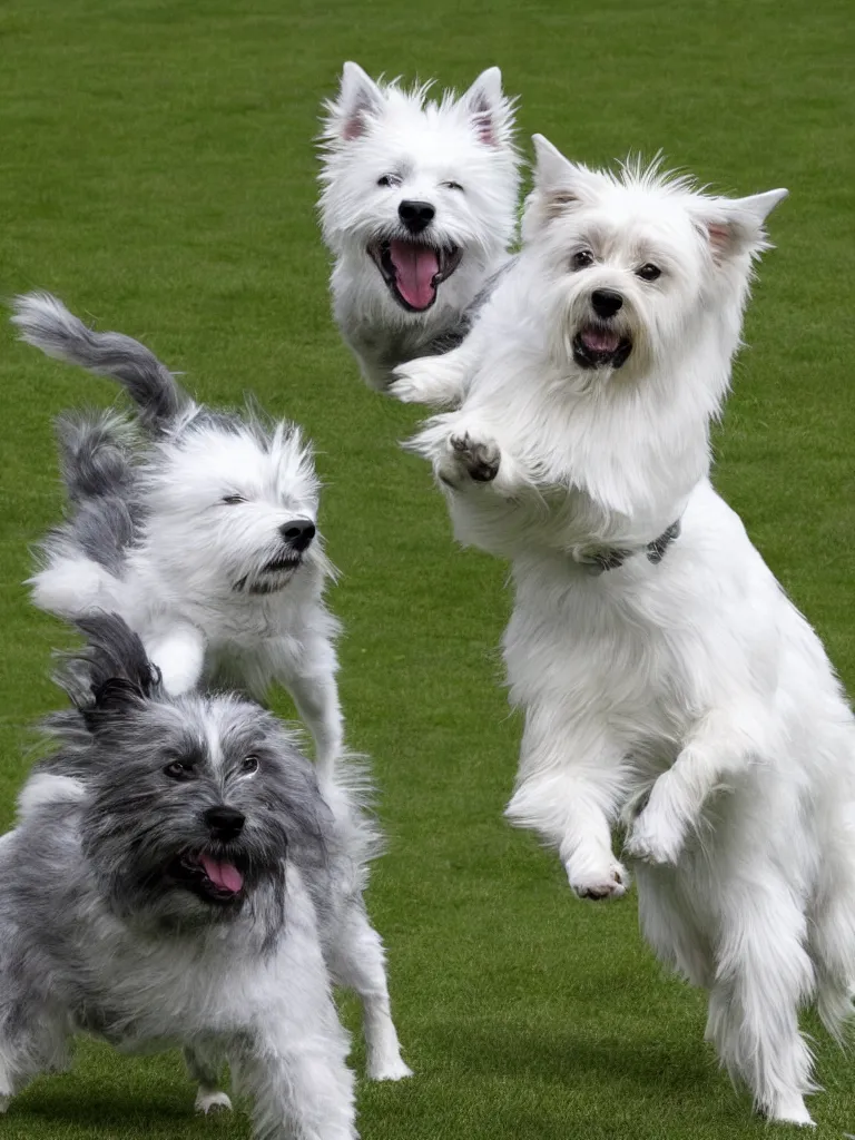 Prompt: a gray german spitz fights a white west highland terrier