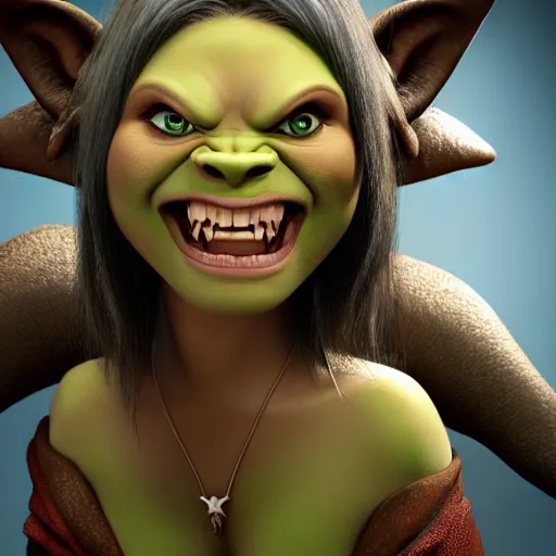 Prompt: portrait, pixar disney, waist-up angle, photo of a beautiful orcish lady, stern expression and proud posture, fantasy orc woman, sharp teeth, big eyes, cute smile, 8K studio photography, focus clarity