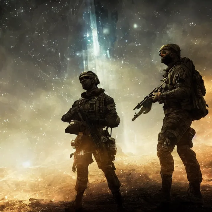 Image similar to cinematic background blur bokeh, beautiful lighting, call of duty ghost soldier looking out into the vastness of space, digital art