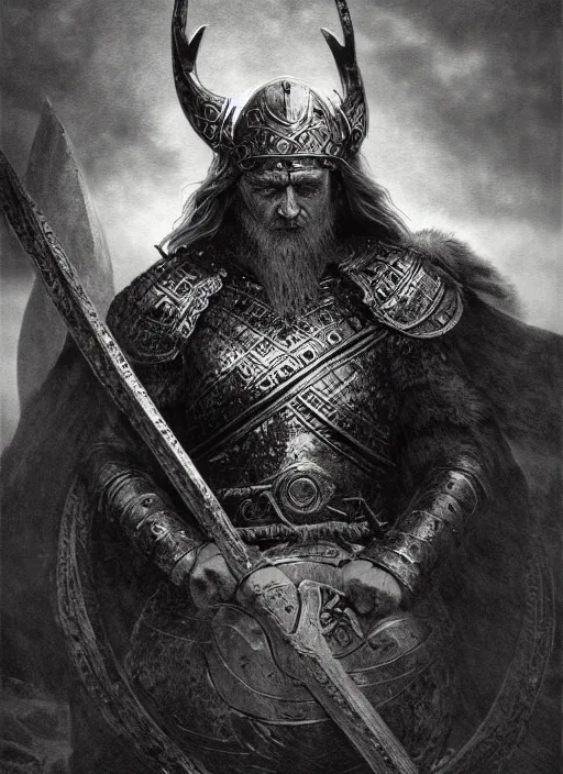 Prompt: viking king wearing a battle mask, engraving, concept art, elden ring, illustration, smooth, sharp focus, by gustave dore and greg rutkowski