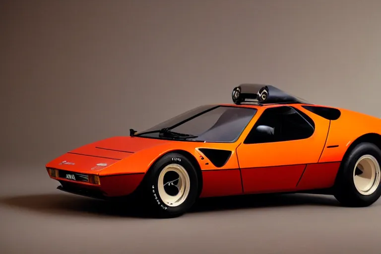 Image similar to designed by Giorgetto Giugiaro stylized poser of a single, 1973 Miura Citroen DM BMW M1 (McLaren F1) DeLorean, thick neon lights, ektachrome photograph, volumetric lighting, f8 aperture, cinematic Eastman 5384 film