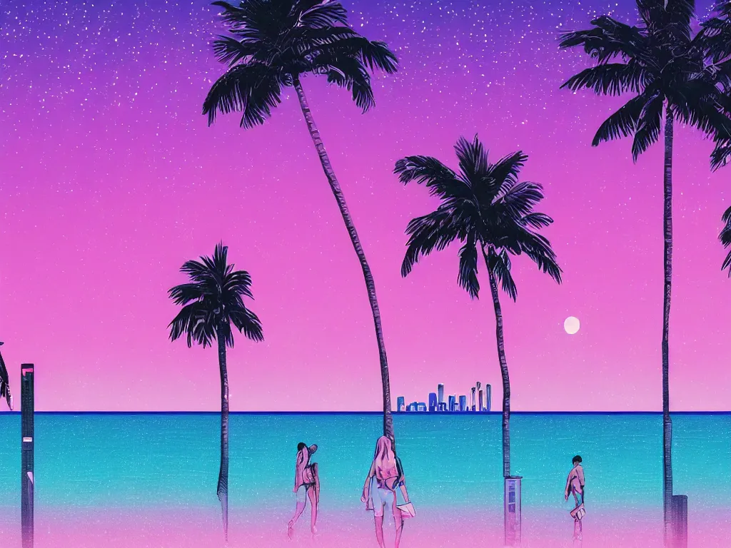 Image similar to cop on a summer night miami beach, city on the background, palm trees, footprints in the sand, full moon reflected in the calm ocean, starry sky, 8 k, ultra detailed, trending on artstation, digital painting, synthwave and retrowave style, pink color scheme