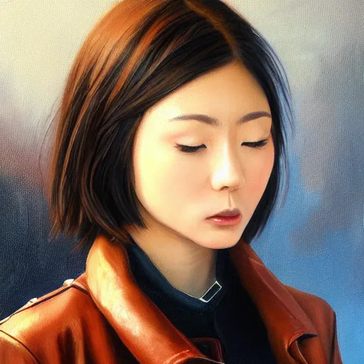 Image similar to perfect, realistic oil painting of close-up japanese young woman wearing leather jacket, in Neverwinter