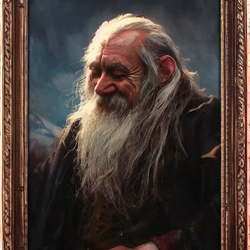 Image similar to Solomon Joseph Solomon and Richard Schmid and Jeremy Lipking victorian genre painting portrait painting of a old rugged dragon wizard huge dragon from the hobbit , red background