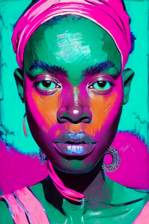 Image similar to portrait of a stylized african young lady, painted in acrylic, pigment textures, in the colors hot pink and cyan, beautiful realistic face, rule of thirds, spotlight, by greg rutkowski, by jeremy mann, by francoise nielly, by van gogh, by ross tran, in focus