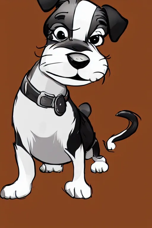 Image similar to cute jack black and white russel terrier smiling at the viewer, large round eyes, concept art, game art, character sheet, character design, sketch by cory loftis and bill schwab