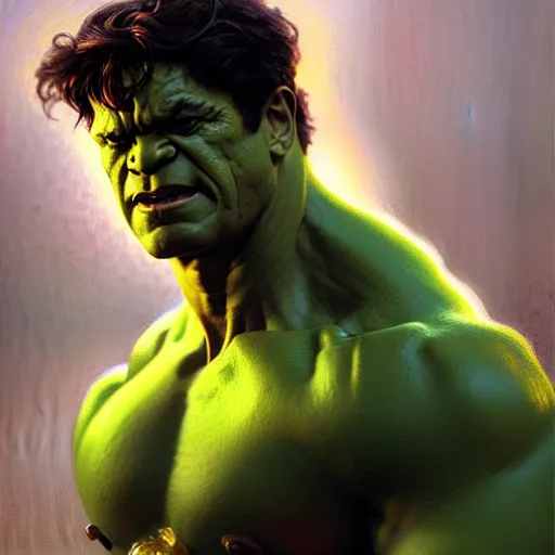 Image similar to portrait painting of the hulk, cinematic volumetric lighting f 8 aperture cinematic eastman 5 3 8 4 film photorealistic by greg rutkowski by stanley artgerm by alphonse mucha