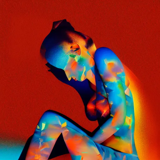 Image similar to beautiful model girl body art fabric skin turns into dress creasing plastic bag folds heavy brushstrokes style of jonathan zawada, thisset colours simple background gradient objective light orange and blue amber colours