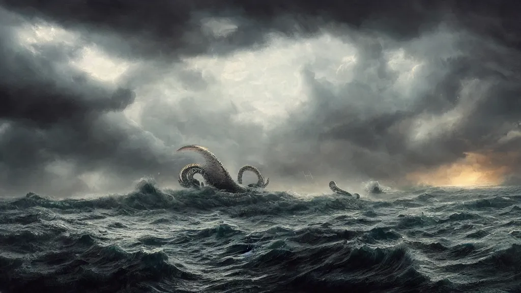 Prompt: small boat in the foreground, giant massive kraken rising out a stormy ocean,, stormy weather, intricate, detailed, volumetric lighting, scenery, digital painting, highly detailed, concept art, ruan jia, steve mccurry