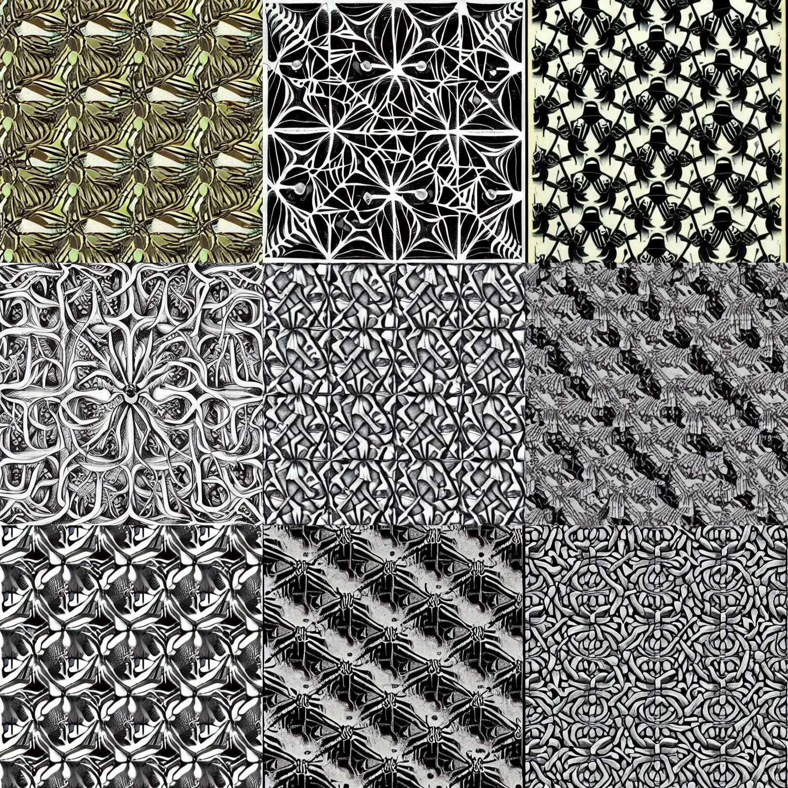 Prompt: repeating pattern spiders, m. c. escher
