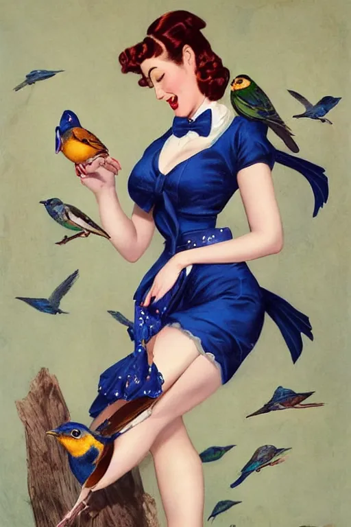 Image similar to pinup girl holding an indigo bunting, bird, the bird is wearing a bowtie by greg rutkowski, rossdraws, gil elvgren, enoch bolles, anime, porcelain skin, glistening, very coherent, hyper realistic painting