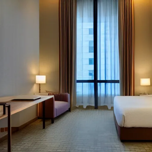 Image similar to hotel floor that's impossible to get to, beige walls, beige lighting, fancy details, windows, night time, window to night time city, 2 4 0 p photograph