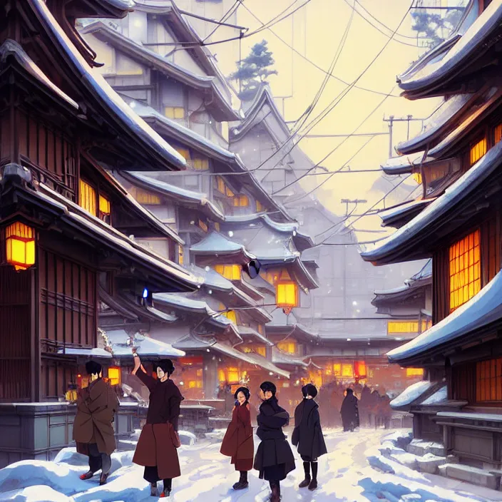 Image similar to japanese big city, winter, in the style of studio ghibli, j. c. leyendecker, greg rutkowski, artem