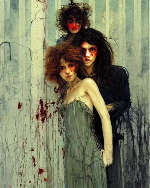 Image similar to two gorgeous but creepy, sinister siblings in layers of fear, with haunted eyes and wild hair, 1 9 7 0 s, seventies, wallpaper, a little blood, moonlight showing injuries, delicate embellishments, painterly, offset printing technique, by coby whitmore, jules bastien - lepage