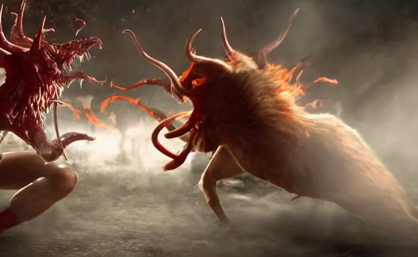 Image similar to hyperrealistic photo of Jesus Christ fighting red-skinned Satan devil demon Lucifer hellspawn in the face on the floor, 8k cinematic, epic fight scene, stunning composition, DSLR focus on the subjects