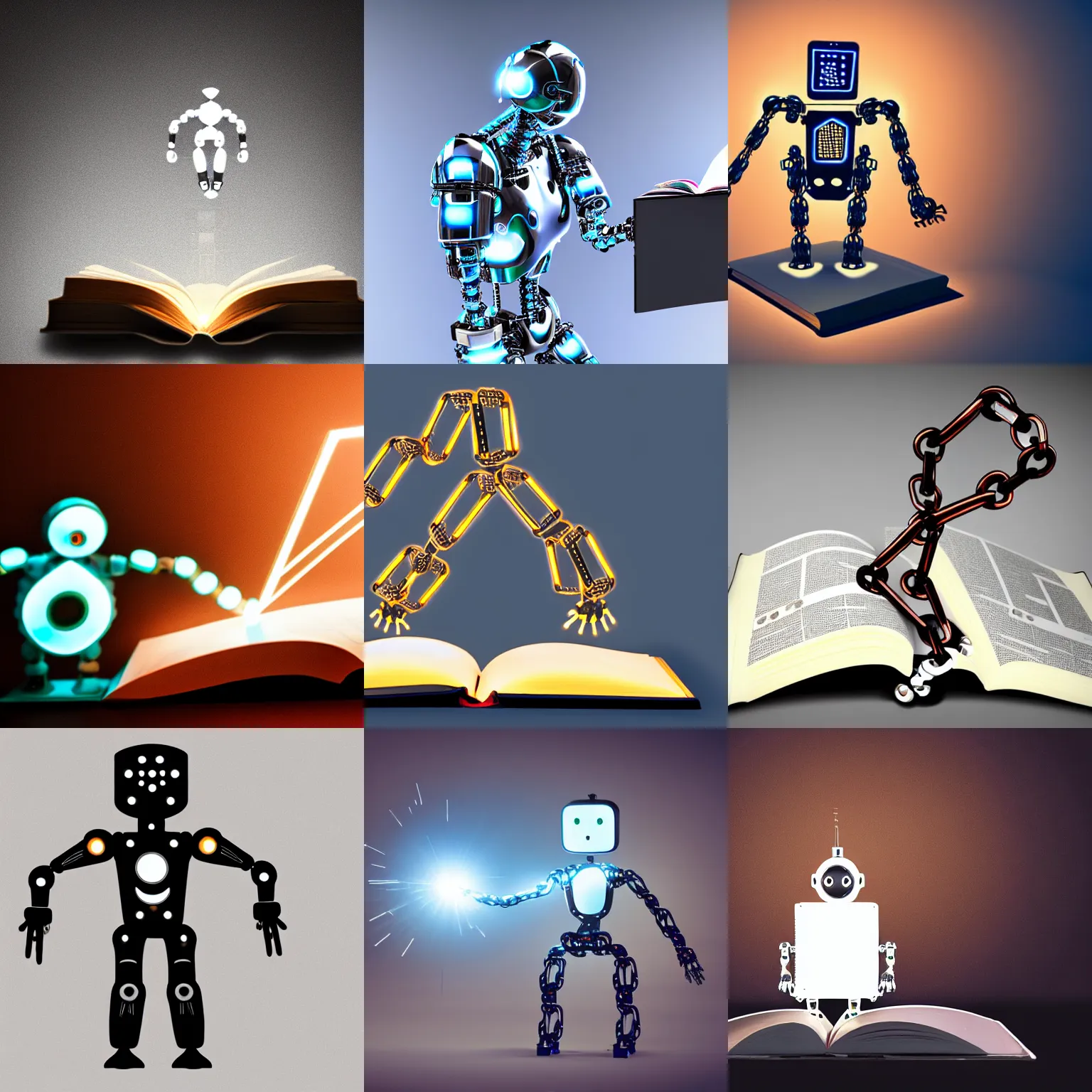 Prompt: chained robotic humanoid reaching with a glowing book