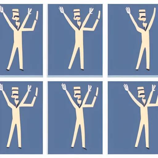 Prompt: an animation of the same man waving his arm from left to right shot frame by frame, separated into equally sized frames, from'animation types'