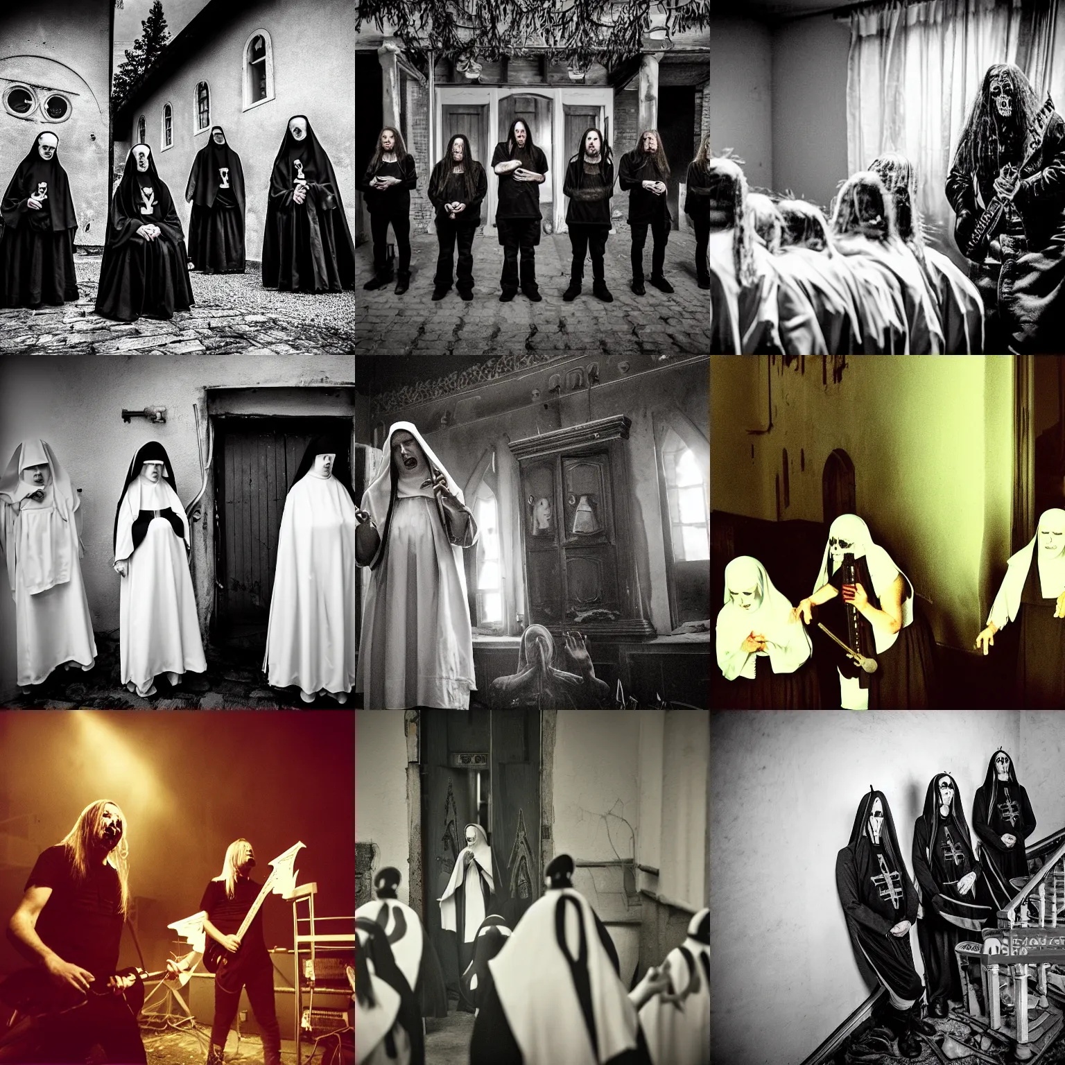 Prompt: Norwegian death metal band playing at a nun convent, realistic, dark, detailed, horror, photographed by Peter Beste