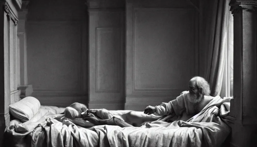 Prompt: movie still of socrates drinking hemlock in a bowl in a bed with red drapery in a neoclassical corridor, cinestill 8 0 0 t 3 5 mm b & w, high quality, heavy grain, high detail, cinematic composition, dramatic light, anamorphic, ultra wide lens, hyperrealistic, by josef sudek