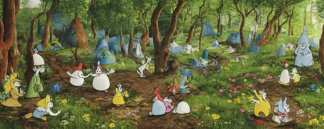 Image similar to the moomins in moominvalley, bosch painting, very detailed!, high quality, 4 k