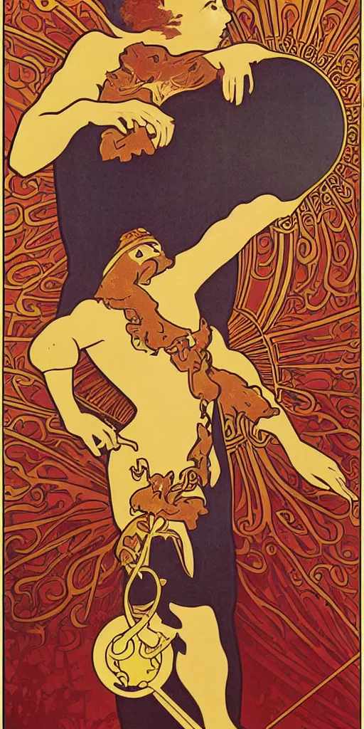 Prompt: Garfield poster style by designer Maurice Pillard-Verneuil, alphonse mucha, maxfield parrish