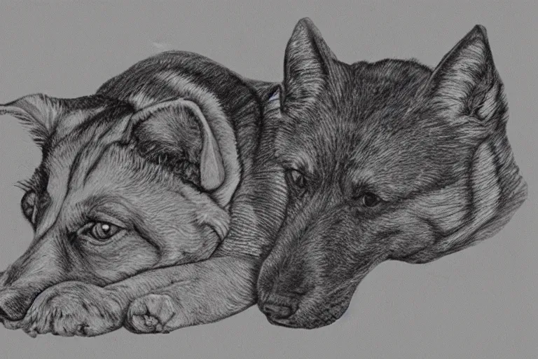 Image similar to in the style of neurographic drawing of a dog and cat